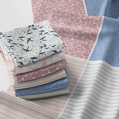Patchwork Fabric Panel 100x155 cm, 100% Cotton Satin, 6 Coordinated Floral & Bird Patterns, Soft Blue Pink Quilting & Sewing Fabric (Spring Swallows, 6pcs 50x50cm)