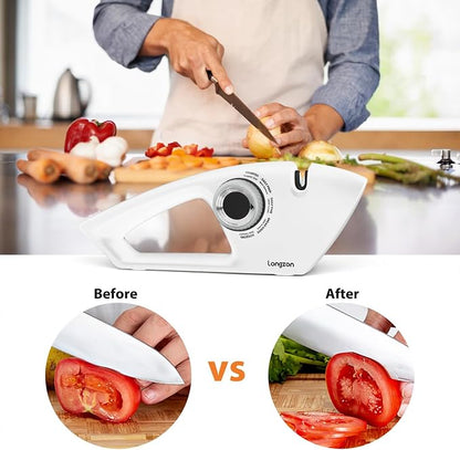 Longzon 6-in-1 Knife Sharpener 5 Stage with Cut-Resistant Glove, Manual Kitchen Tool for Straight & Serrated Knives, Quickly Sharpens Restores & Polishes Dull Blades Safe for Home Kitchen, White+Gray