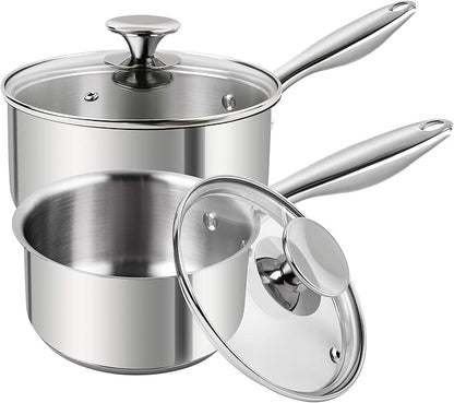 MICHELANGELO Stainless Steel Saucepan Set 1Qt & 2Qt, 18/10 Stainless Steel Pot Set, Induction Saucepan with Glass Lid, Dishwasher & Oven Safe (No Coating & Non-toxic)