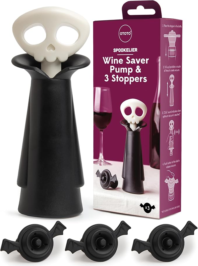 OTOTO Skull Wine Saver Pump and Stoppers - Halloween Gifts, Emo Accessories, Gothic Kitchen, Goth Gifts, Bat, Kitchen Gadgets - (Spookelier)