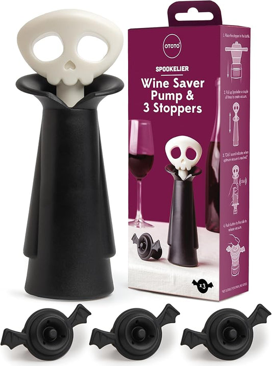 OTOTO Skull Wine Saver Pump and Stoppers - Halloween Gifts, Emo Accessories, Gothic Kitchen, Goth Gifts, Bat, Kitchen Gadgets - (Spookelier)