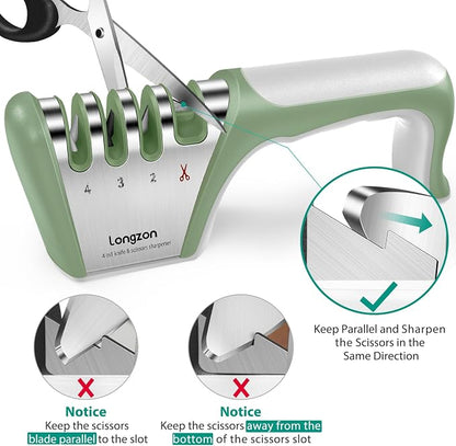 Longzon 5-in-1 Knife Sharpener 4 Stage with Cut-Resistant Glove, Quickly Sharpens & Restores Dull Blades, Easy & Safe for Home Kitchen Use, Fits Most Knives and Scissors, Gray+Green