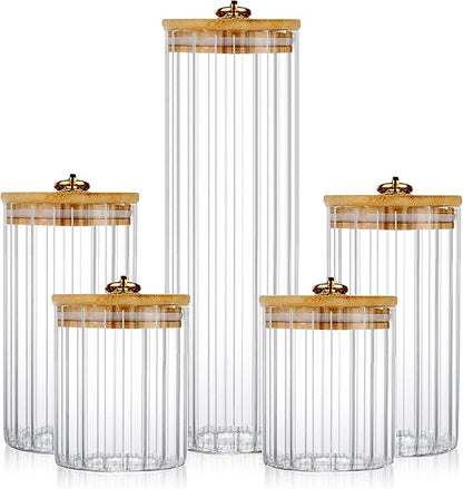 FANTESTICRYAN Glass Storage Jars Set of 5, Decorative Coffee Bar Container with Airtight Bamboo Lid Metal Ring for Home Kitchen Storing Candy, Cookie, Pasta, Nuts, Oatmeal and Bathroom Salt