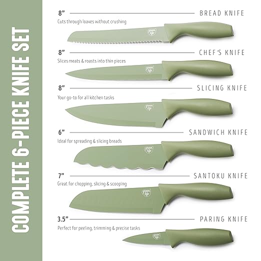 GreenLife 6 Piece Kitchen Knife Set, Rust-Resistant Nonstick Coating, High Carbon Stainless Steel Knives, Blade Guards, Razor Sharp, Ergonomic Handle, Chef, Santoku, Paring, Sage Green