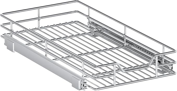 Pull Out Cabinet Organizer, 11.5" W x 21.5" D, Heavy Duty Chrome Slide Out Shelf for Narrow Base Cabinets, Sliding Wire Basket Drawer for Spices, Bottles, Snacks & Cleaning Supplies