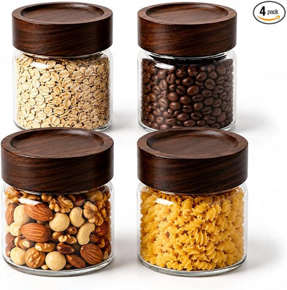 Wide Mouth Glass Storage Jars With 3" Acacia Wood Lids - 4 Pack of 9.1 Oz Airtight Food Storage Containers - Borosilicate Glass Canisters for Kitchen - Pantry Organizers and Storage for Rice Coffee