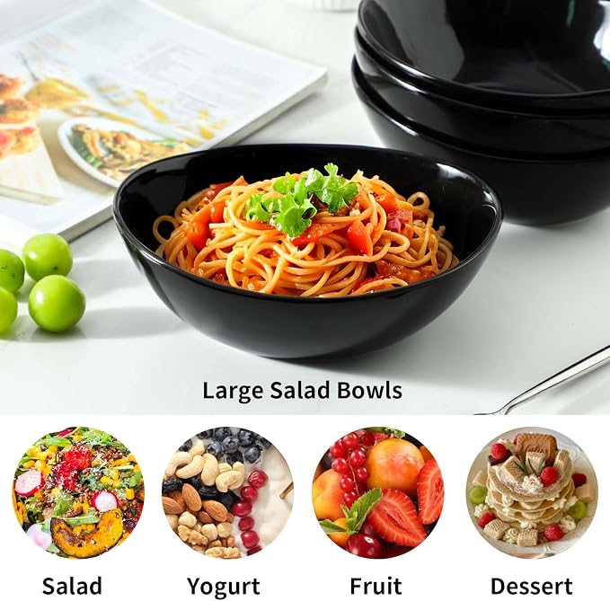 HASENSE 4Pcs Serving Bowls & Salad Bowls Set – 28oz Ceramic Mixing Bowls, Microwave & Dishwasher Safe, Stackable for Space-Saving – Ideal for Pasta, Fruit, Side Dishes, Soup, Black