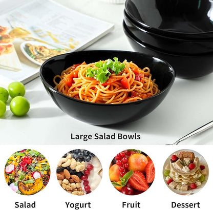 HASENSE 4Pcs Serving Bowls & Salad Bowls Set – 28oz Ceramic Mixing Bowls, Microwave & Dishwasher Safe, Stackable for Space-Saving – Ideal for Pasta, Fruit, Side Dishes, Soup, Black