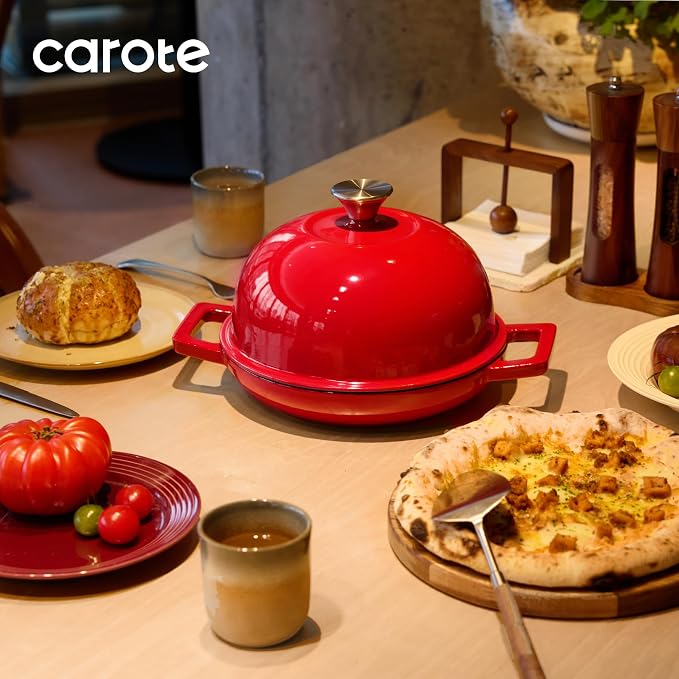 CAROTE Enameled Cast Iron Bread Dutch Oven, Round Bread Oven Pot with Dome Lid for Homemade Sourdough Bread Baking, Healthy & Non-Toxic, Dual Handles, All Stovetop Compatible, Oven Safe up to 500° F, 5 Quarts, 9 Inches, Red