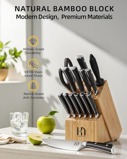 KnifeSaga Knife Set 15 Pcs Kitchen Knife Block Set, Enduring Razor-Sharp High Carbon Stainless Steel Knife Set with Block and Sharpener, Premium Knives Set for Kitchen, Natural Bamboo Valentine's Gift