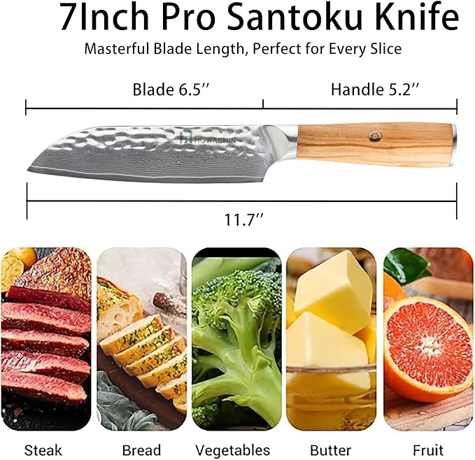 Damascus Santoku Knife 6.5 Inch Professiona Kitchen Knives VG-10 Damascus Steel Ultra-Sharp Santoku Japanese Chef Knife with Ergonomic Olive Wood Handle -Gift Box for Family & Restaurant