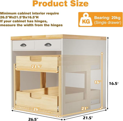 Pull Out Cabinet Organizer, 26''W×21''D Sliding Drawers for Cabinets, 2 Tier Soft Close Slide Out Wooden Pull out Drawers, Base Cabinet Organization for Kitchen, Pantry, Bathroom