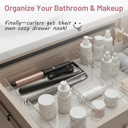 8 Pack Large Clear Plastic Drawer Organizer Bins - Acrylic Bathroom Drawer Organizer Trays - Heavy Duty Kitchen Drawer Dividers for Utensils - Non-Slip Storage Bins for Makeup, Bedroom, Office Desk