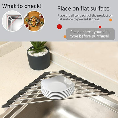 Roll Up Dish Drying Rack and Triangle for Sink,over the Sink , Kitchen Corner Drainer Mat, Foldable Stainless Steel (Triangle) Silver