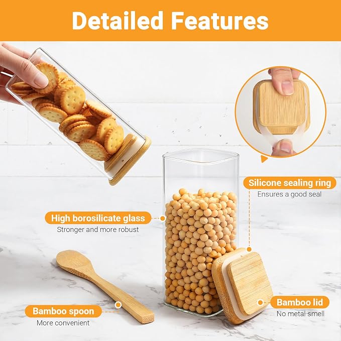 Glass Jars with Lids, 4 Pack 13 Fl.oz Square Glass Storage Jars with Bamboo Lids, Spice Canister Kitchen Pantry Containers for Sugar, Coffee Beans, Tea - Included Labels, Spoon and Marker