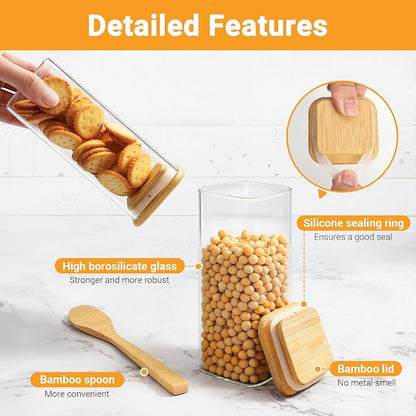 Glass Jars with Lids, 4 Pack 13 Fl.oz Square Glass Storage Jars with Bamboo Lids, Spice Canister Kitchen Pantry Containers for Sugar, Coffee Beans, Tea - Included Labels, Spoon and Marker