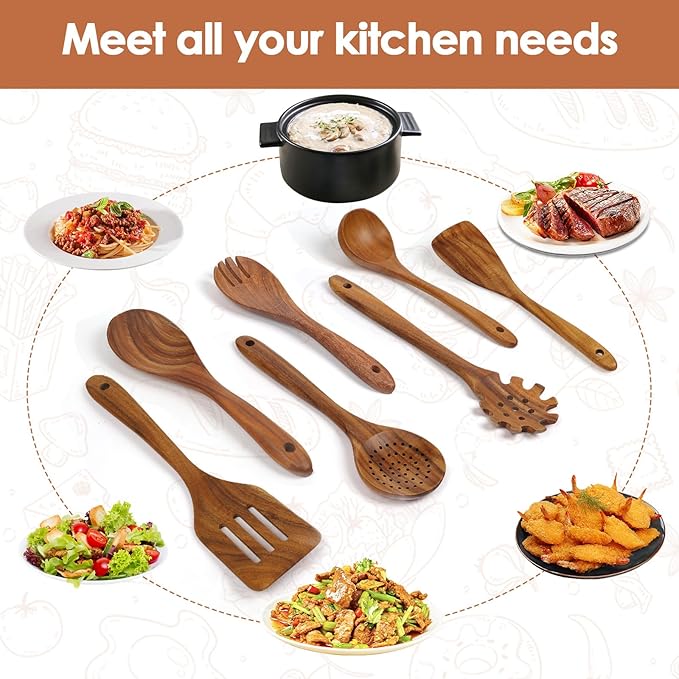 comfoyar Wooden Kitchen Cooking Utenails Set, 7 Pieces Natural Teak Wooden Spoons for Cooking with Spatula and Ladle, Heat Resistant Kitchen Cookware for Nonstick Pan