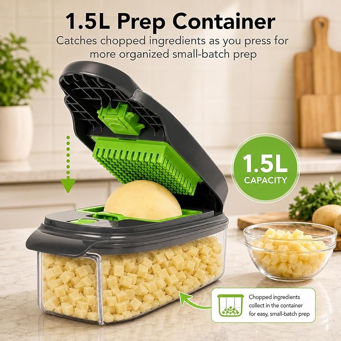 2-in-1 Vegetable Dicer, Onion Chopper with 6.7mm and 13.5mm Dicing Blades, 1.5L Food Prep Container for Salad, Potato, Tomato, Home Kitchen Meal Prep(Greygreen)