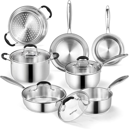 SLOTTET Stainless Steel Kitchen Cookware Set,11 Piece Pots and Pans Set with Steamer,Heat-resistant Handle,Non-Toxic,Induction,Oven,Dishwasher Safe