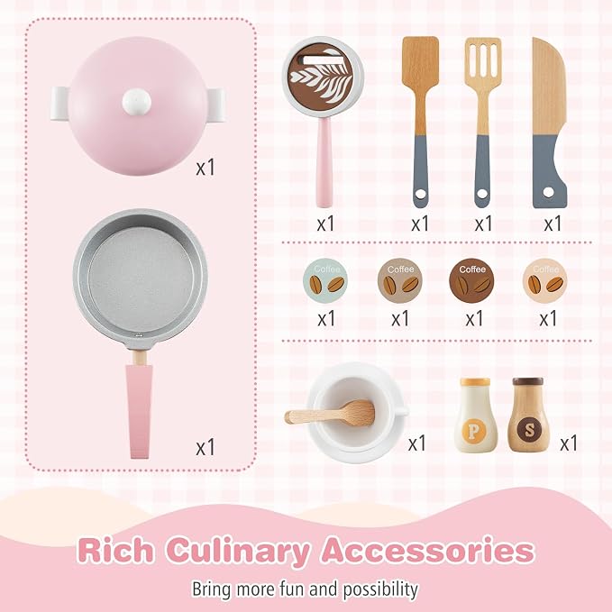 Costzon Play Kitchen, Wooden Toy Kitchen Set with Coffee Maker Playset, Washing Machine, Microwave, Oven, Pretend Play Cooking Accessories, Kids Kitchen Playset, Gift for Boys Girls (Pink)