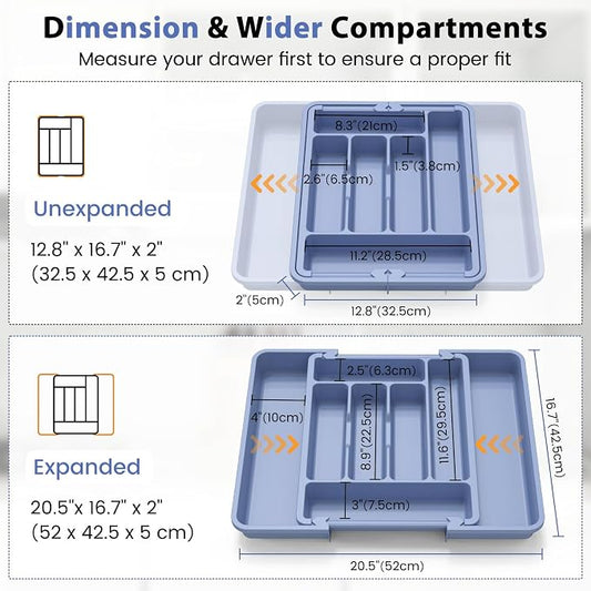 Caperci Large Silverware Organizer for Kitchen Drawer & Utensils - Expandable Drawer Organizer for Cutlery, Flatware & Gadget, BPA-Free Thick Plastic, Wider Compartments & Non-skid Feet (Breezy Blue)