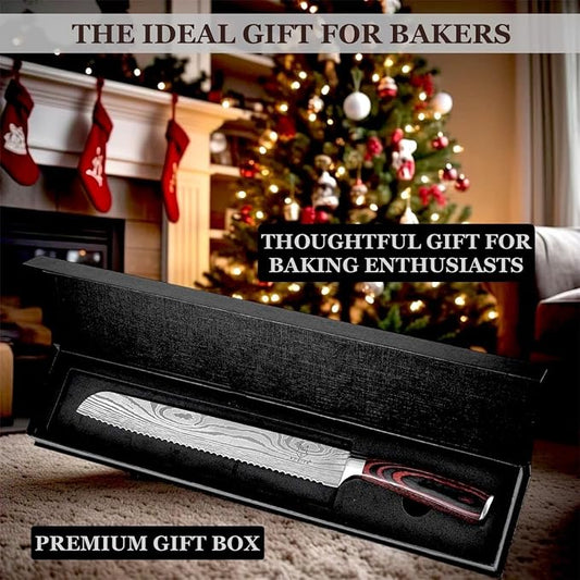 Premium 10-inch Serrated Bread Knife | Razor Sharp Cutter for Homemade Bread, Sourdough & Cake | Elegant Kitchen Essential for Effortless Slicing, Damascus Steel Lasered Pattern | Kitchen Gifts