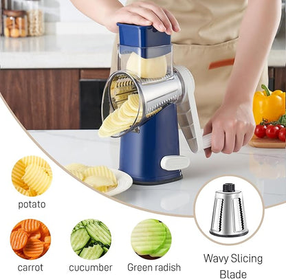 Weltonhm Rotary Cheese Grater with 4 Blades, Large Hand Crank Cheese Grater with Waffle Slicer, Blue Cheese Shredder with Suction Base, Easier for Shredding& Grating (Blue, 4 Graters)