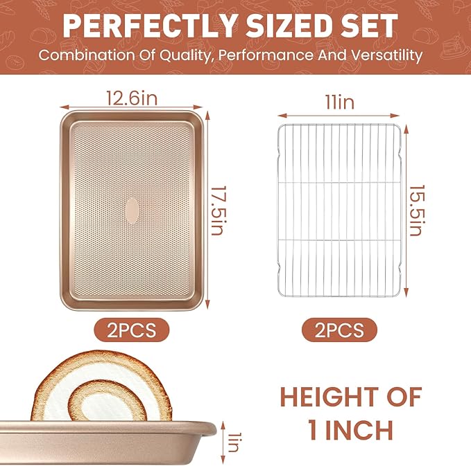 2-Pack Baking Sheets with Wire Cooling Racks | 17.5"x11.8" Heavy Duty Nonstick Carbon Steel Half Sheet Pans | Oven-Safe Crisper Tray Set for Roasting Bacon & Cooling Cookies