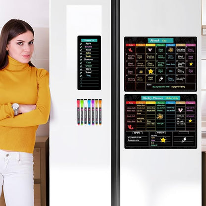 MaxGear Black Magnetic Calendar for Refrigerator, 16x12 Monthly and Weekly Dry Erase Fridge Whiteboard, Menu Schedule Planner Board, to-Do List, Notepad with 7 Markers,1 Eraser, and 1 Shopping List