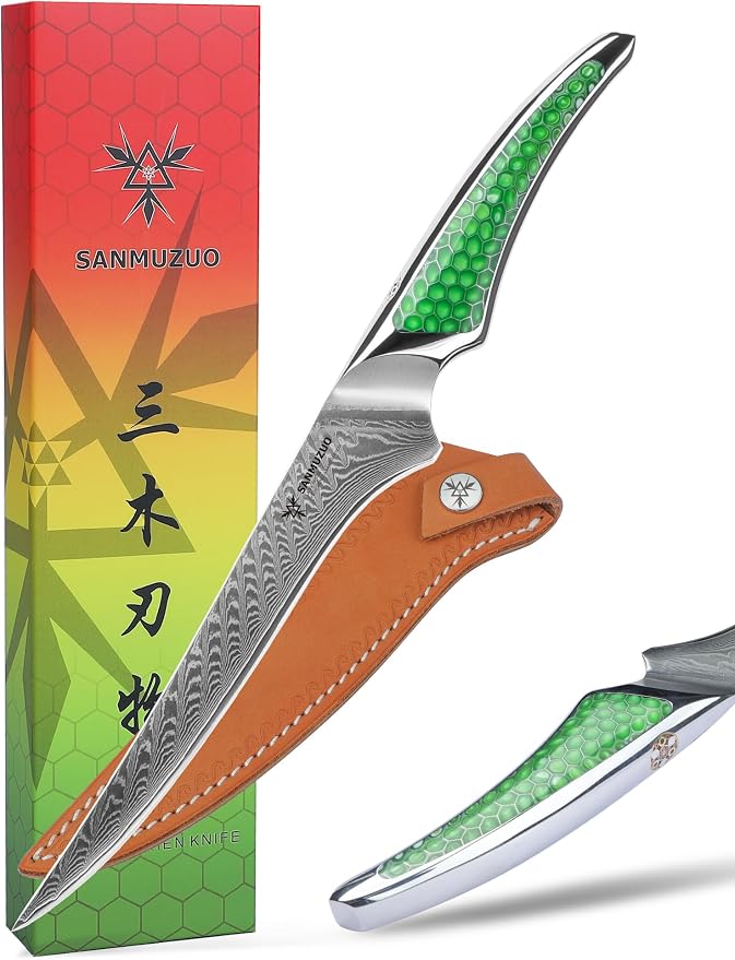 7 inch Fillet Knife, Japanese VG-10 Damascus Steel Kitchen Fish Boning Knife, Ultra Sharp, Full-tang Handle in Green Resin, LA-S9 Series