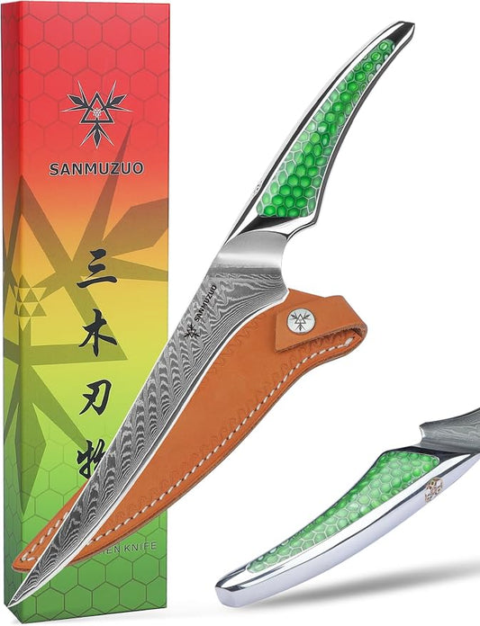 7 inch Fillet Knife, Japanese VG-10 Damascus Steel Kitchen Fish Boning Knife, Ultra Sharp, Full-tang Handle in Green Resin, LA-S9 Series