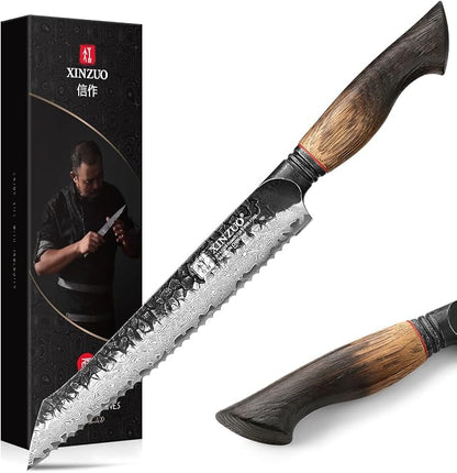 XINZUO Bread Knife For Homemade，Serrated Bread Knife 8.5 Inch Damascus Steel Sharp Slicer Less Crumbs For Bagels, Sourdough, And Soft Produce With Wood Handle