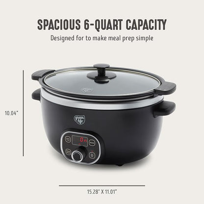 GreenLife 6QT Slow Cooker, Non-Toxic PFAS-Free Ceramic Nonstick Removable Interior Bowl, Programmable, Family Friendly, Keep Warm, Stovetop & Oven Safe, Dishwasher Safe Crock, Timer, Glass Lid, Black