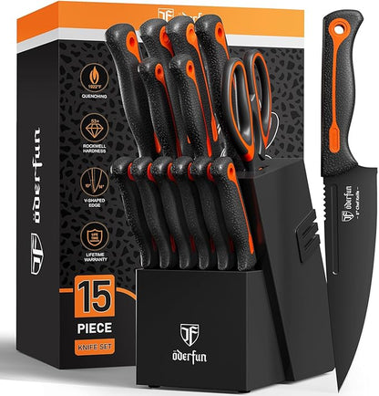 Knife Block Set, 15 PCS Dishwasher Safe Kitchen Knife Set, Non-slip | Razor-Sharp knives set with sharpener, High Carbon Stainless Steel, Ergonomic Handle, Elegant Box for Her Women Dad Father