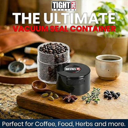 TIGHTPAC MINIVAC Portable Vacuum Seal Airtight Container – Keeps Coffee Beans, Grounds, Tea, Spices & Herbs Fresh Longer – Travel-Ready, NSF-Certified Food-Grade Storage, 10 to 30 Grams, Black/Clear