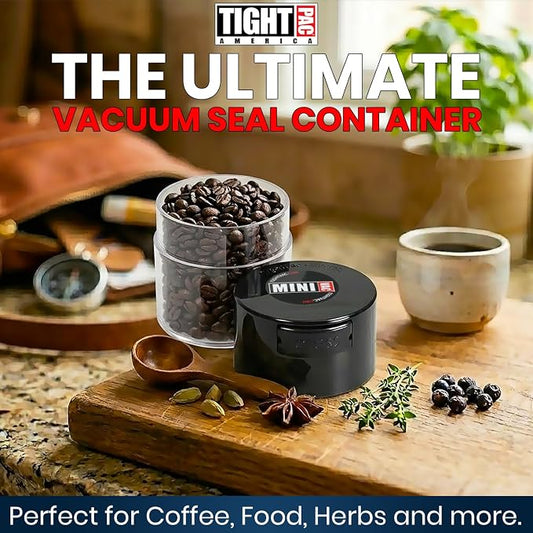 TIGHTPAC MINIVAC Portable Vacuum Seal Airtight Container – Keeps Coffee Beans, Grounds, Tea, Spices & Herbs Fresh Longer – Travel-Ready, NSF-Certified Food-Grade Storage, 10 to 30 Grams, Black/Clear