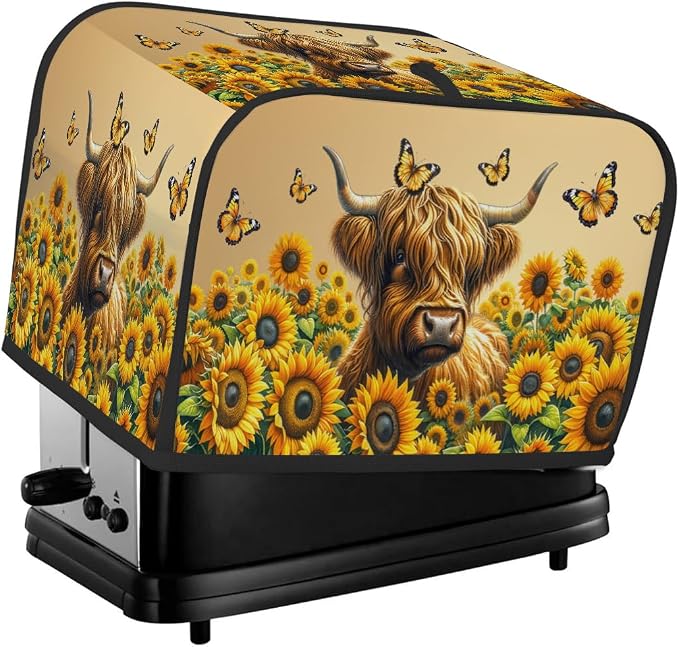 4 Slice Flower Highland Cow Toaster Cover Waterproof Dust Fingerprint Bread Machine Cover Washable Kitchen Appliance Protector For Home Kitchen Bakeware Table Decor Women Gifts