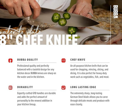 BUBBA Kitchen Series 8" Chef Knife, an all-purpose kitchen knife for Chopping, Mincing, Slicing and Dicing with a premium German Steel Blade for all your kitchen needs