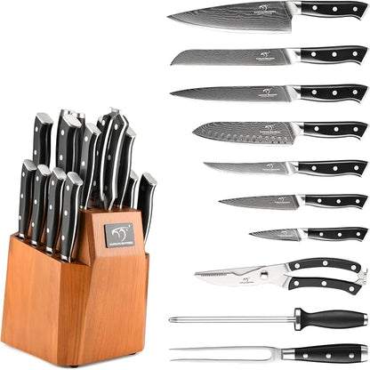 Knife Block Set, 18-Piece Damascus Kitchen Knife Sets with VG10 Core Blades, 67-Layer Damascus Steel, ABS Ergonomic Handle, Compact Knife Block Design, Suitable for Placement in Small Spaces