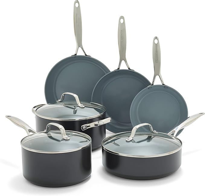 GreenPan Valencia Pro 9 Piece Ceramic Nonstick Cookware Set, PFAS-Free, Induction Ready, Hard Anodized Pots & Pans with Lids, Compatible on All Cooktops, Dishwasher & Oven Safe, Gray