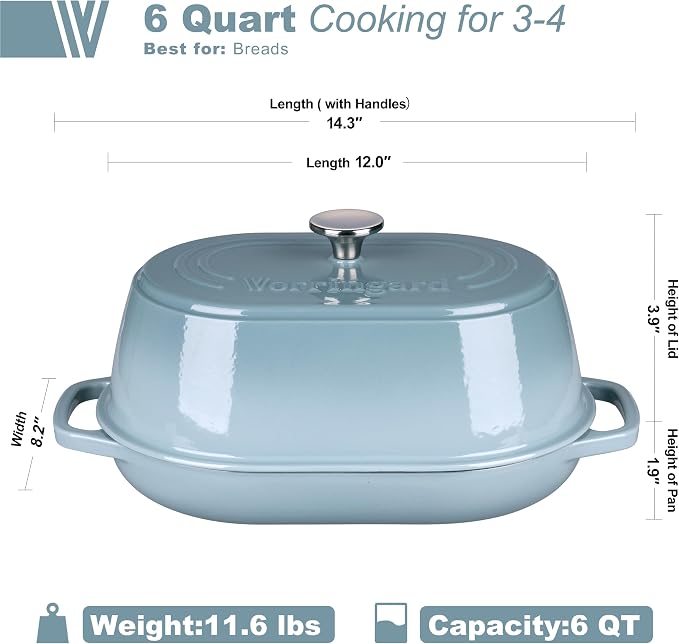 VORRINGARD Enameled Cast Iron Dutch Oven Pot with Dome Lid, Oval Bread Oven for Homemade Sourdough Bread Baking, Oven Safe up to 500°F, 6 Quart, Sea Salt