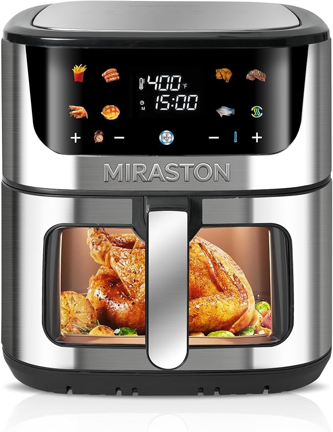 New 8.5QT Air Fryer with Color Touchscreen and 8 Presets, Large Family Size Airfryer with Visual Window for Fast Healthy Cooking, Reheat, Dishwasher Safe, Gift Box Included, Stainless Steel