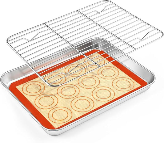 TeamFar Toaster Oven Tray, 10.5’’ x 8’’ x 1’’, Stainless Steel Small Baking Pan Tray Cooling Roasting Rack with Silicone Mat Set for Daily Use, Non-toxic & Sturdy, Oven & Dishwasher Safe, Set of 3