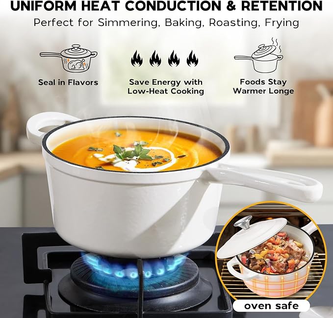 Onader 1QT & 2QT Saucepan Set with Lid, Enameled Cast Iron Small Pot Sets for Cooking, Nonstick Enameled Sauce Pan Dutch Oven, Induction Compatible, Heavy Duty – White