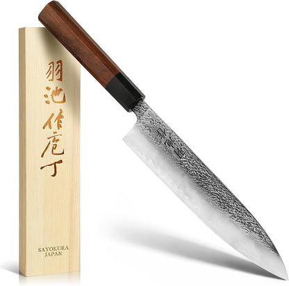Japanese Chef Knife, Professional Kitchen Knives with VG10 Steel Core, 8.27 Inch Handcrafted Gyuto Knife with Ergonomic Rosewood Handle & Wooden Gift Box, Ultra Sharp Cooking Gifts for Chefs Men Women