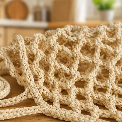 Hanging Fruit Hammock Under Cabinet with 4 Hooks - Macrame Boho Fruit Basket for Kitchen, Produce Net Storage to Save Counter Space, Ideal for Banana, Vegetable, Home, RV, Camper (Beige)