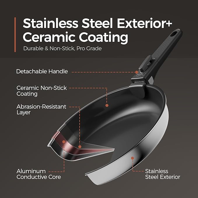 16PCS Pots and Pans Set Non Stick, Diamond-Titanium Ceramic Cookware Set & 3 Layer Stainless Steel with Detachable Handle, Induction Cookware, Non Toxic Oven/Dishwasher Safe, Black