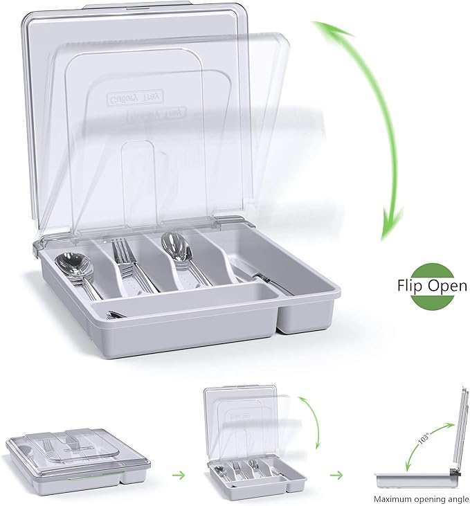 Silverware Organizer with Cover, Portable Cutlery Holder Flatware Tray with Lid Plastic Silverware Storage Box (White)