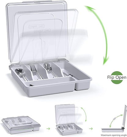 Silverware Organizer with Cover, Portable Cutlery Holder Flatware Tray with Lid Plastic Silverware Storage Box (White)