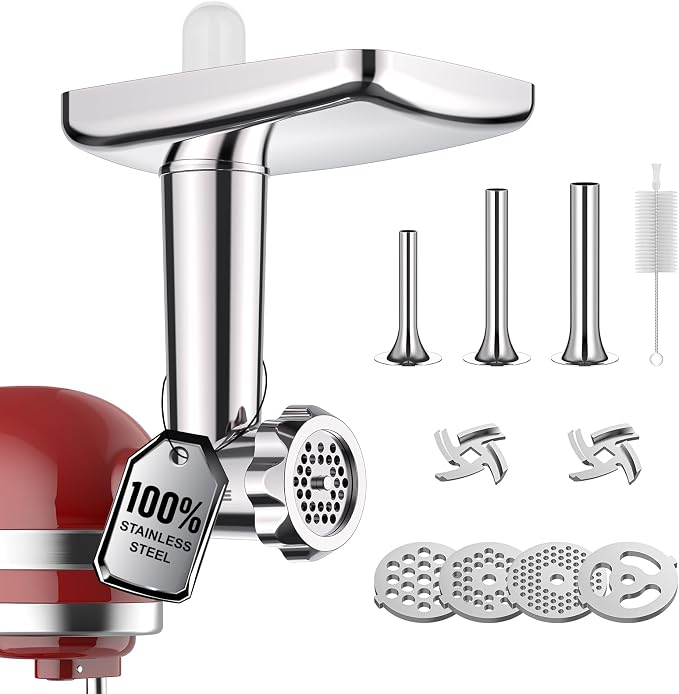 GVODE Stainless Steel Meat Grinder Attachment for KitchenAid Stand Mixer, Meat Grinder for KitchenAid Includes 4 Grinding Plates & 3 Sausage Tubes, Dishwasher-Safe Design with Sausage Stuffer Kit